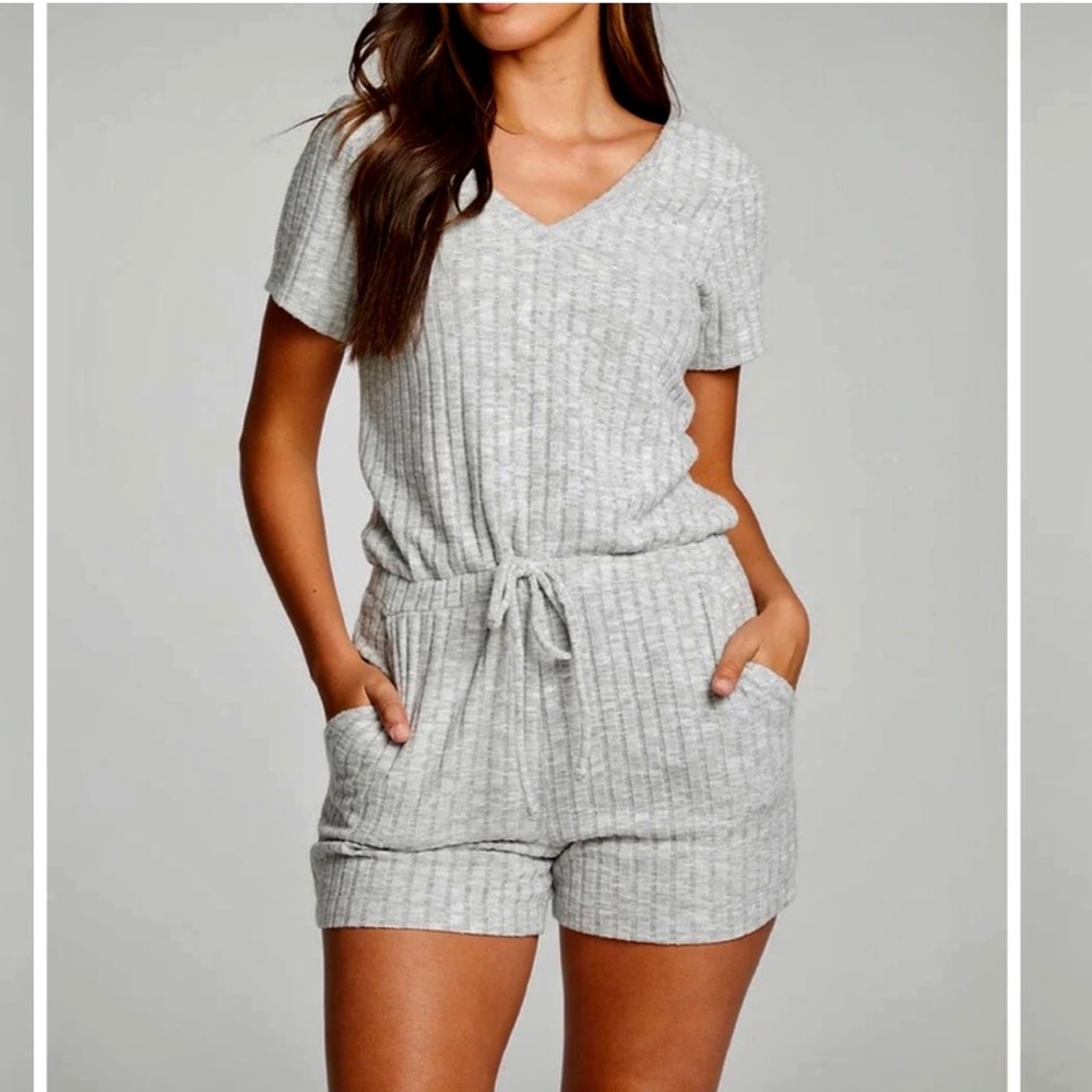 NWT Chaser Poor Boy Double V Grey Short Sleeve Romper Size Small